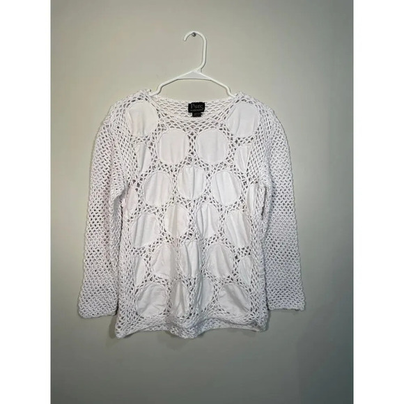 Pure Handknit White Mixed Media Open Knit Polka Dot Top - Picture 1 of 8